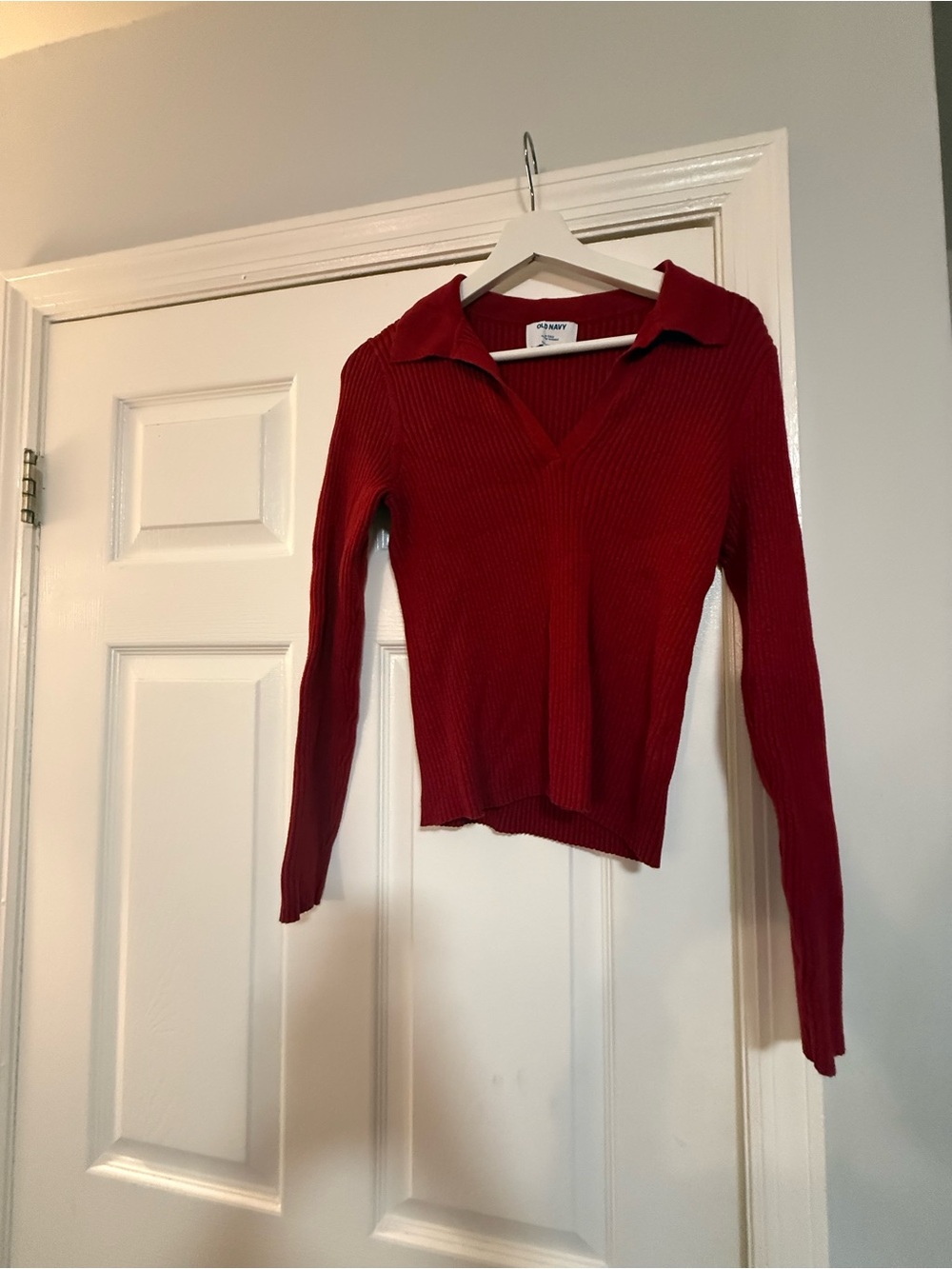 Old Navy Red Ribbed V-Neck Collared Sweater